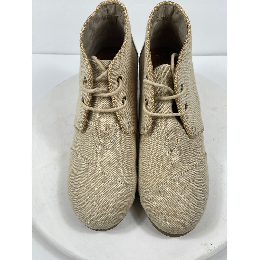 Toms Wedge Booties Tan Shimmer Metallic Wedge Cork Heel Shoes Size 9